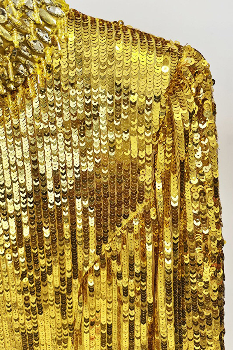 Gold Sequin-Embellished Long Sleeve Evening Gown