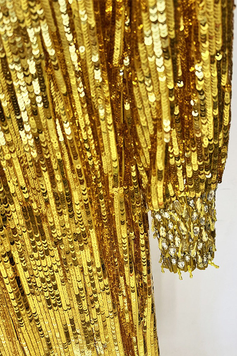 Gold Sequin-Embellished Long Sleeve Evening Gown