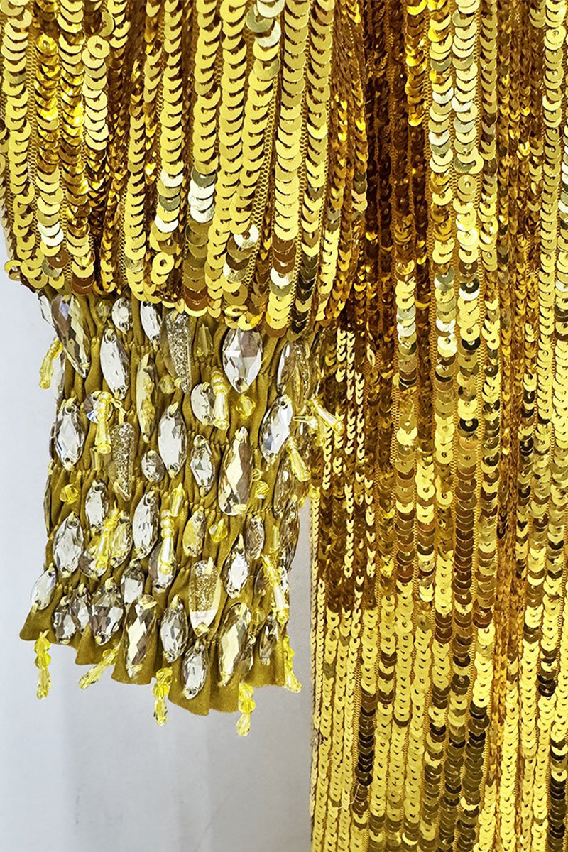 Gold Sequin-Embellished Long Sleeve Evening Gown