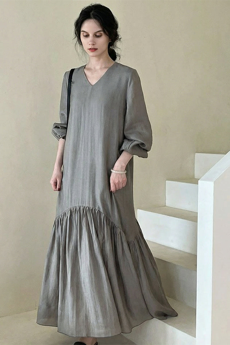 Gray Tiered V-Neck Balloon Sleeve Maxi Dress