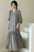 Gray Tiered V-Neck Balloon Sleeve Maxi Dress