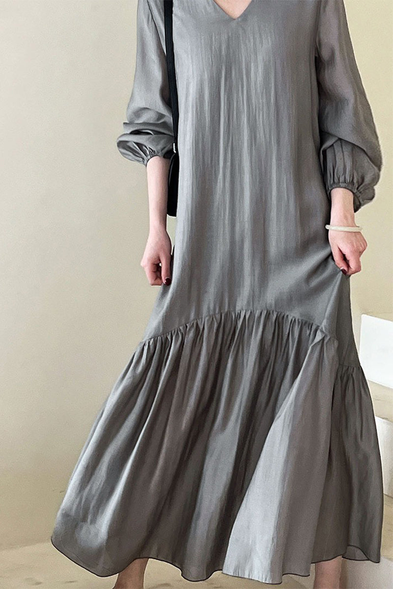 Gray Tiered V-Neck Balloon Sleeve Maxi Dress