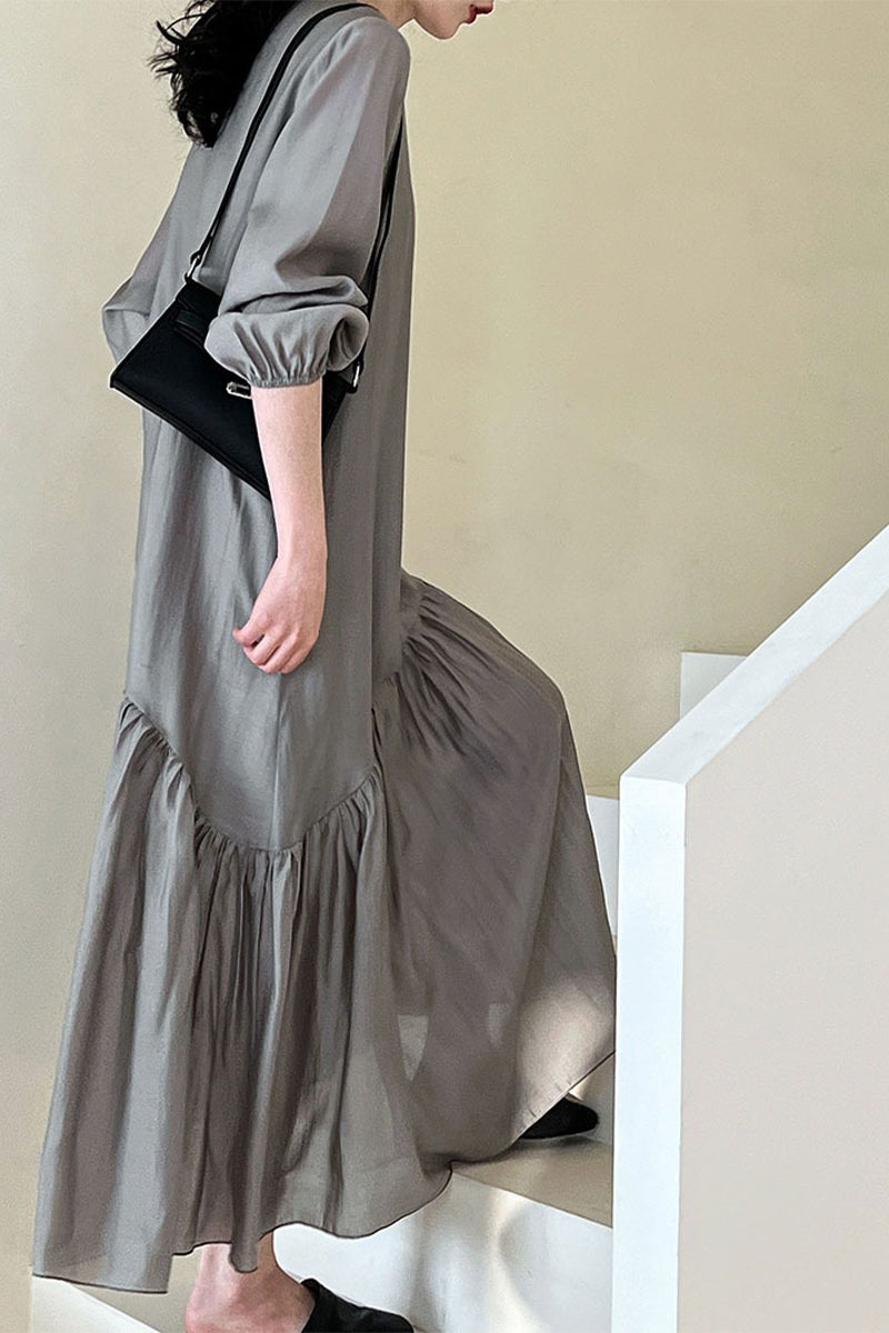 Gray Tiered V-Neck Balloon Sleeve Maxi Dress