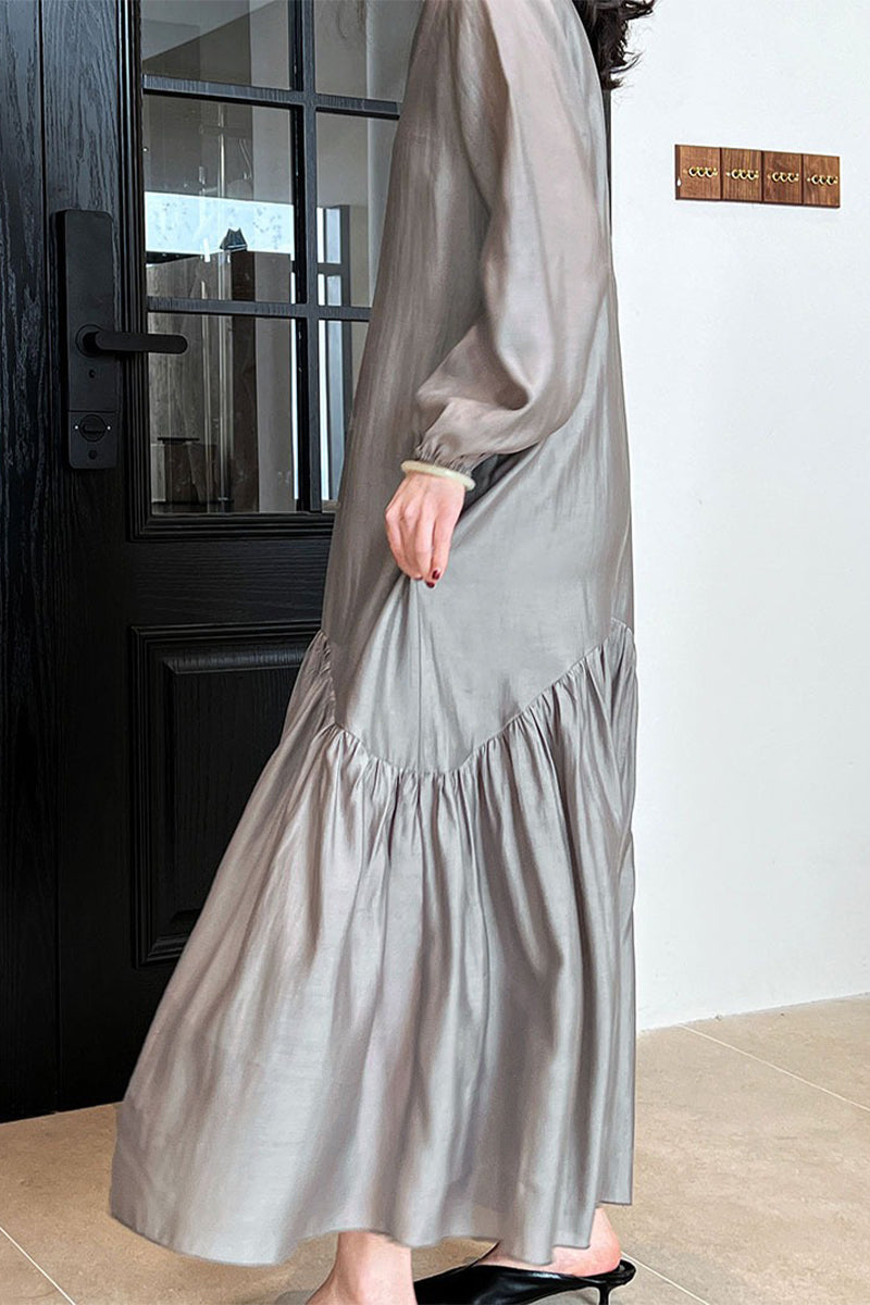Gray Tiered V-Neck Balloon Sleeve Maxi Dress