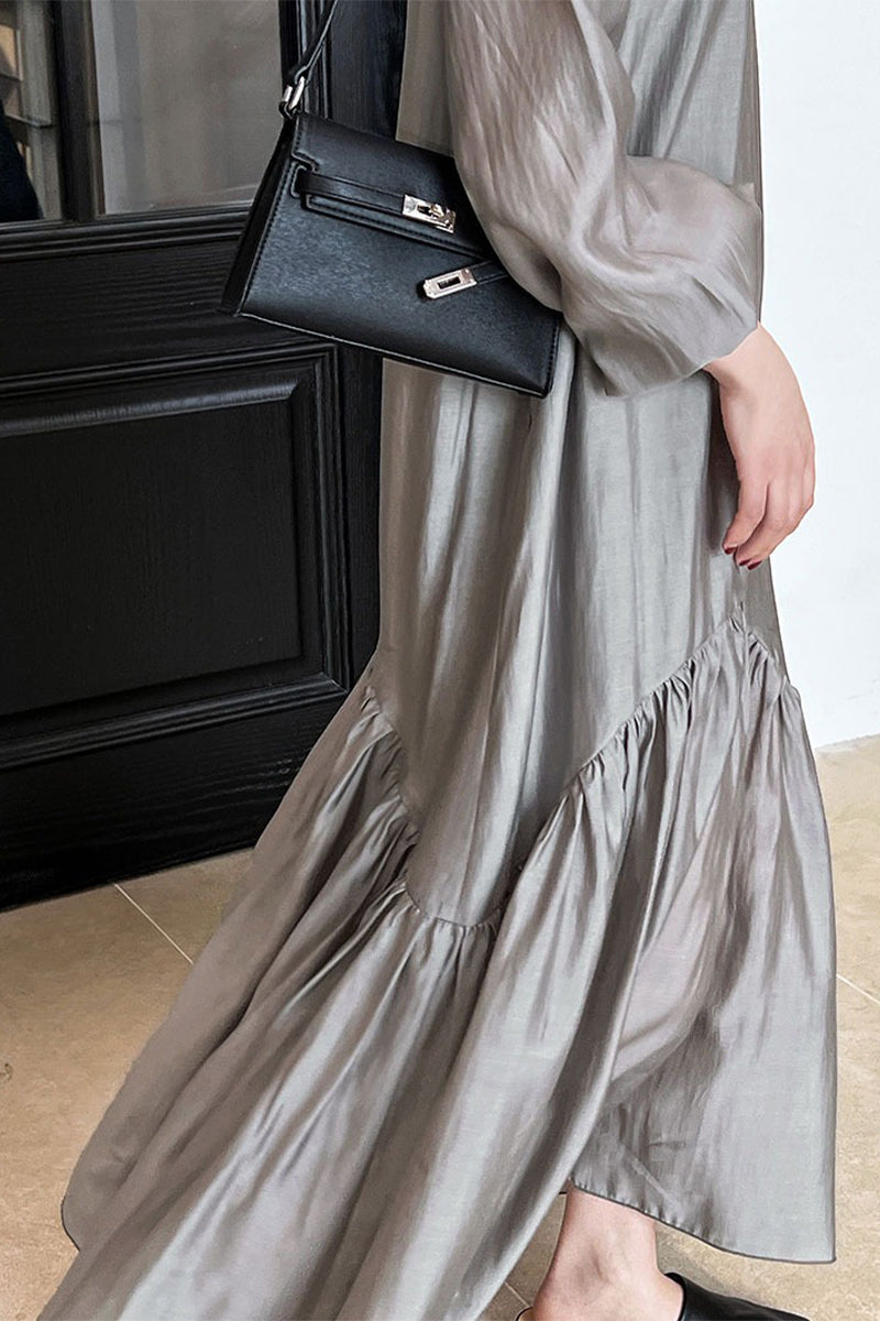 Gray Tiered V-Neck Balloon Sleeve Maxi Dress