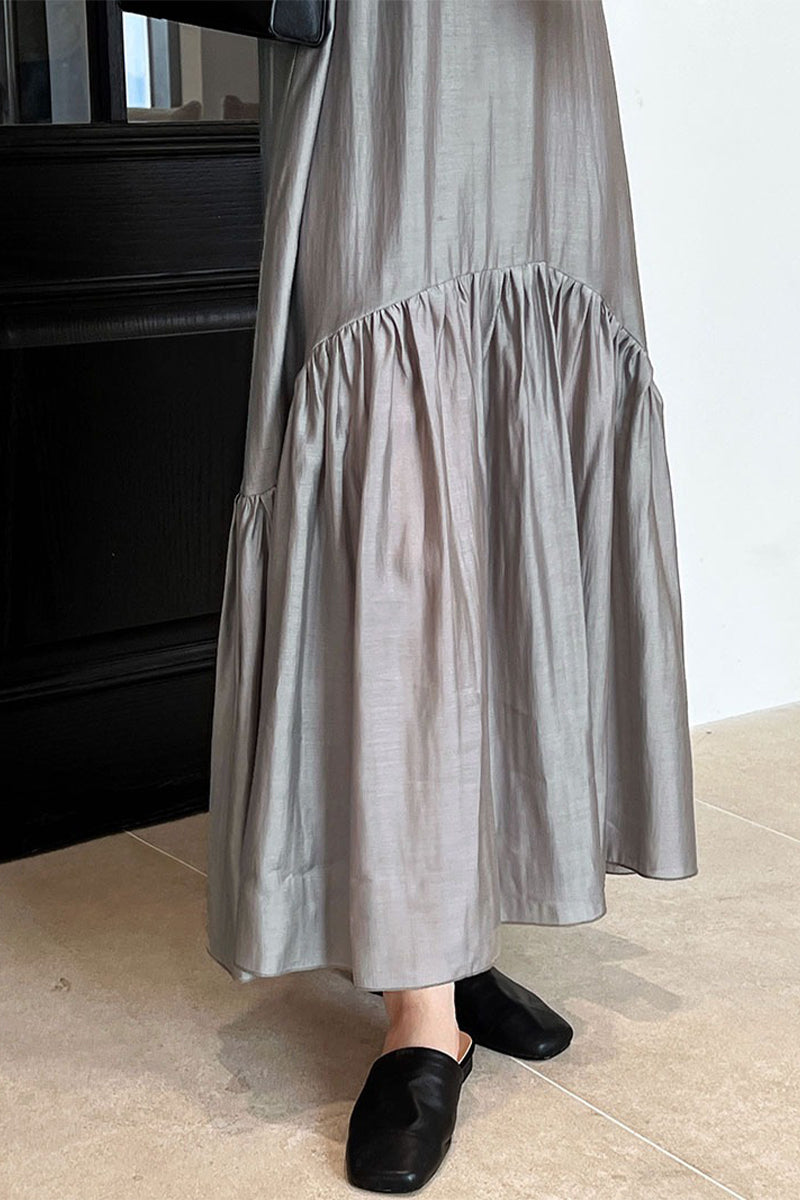 Gray Tiered V-Neck Balloon Sleeve Maxi Dress