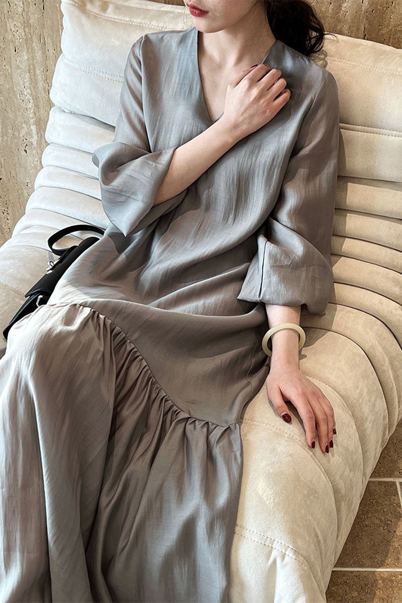Gray Tiered V-Neck Balloon Sleeve Maxi Dress