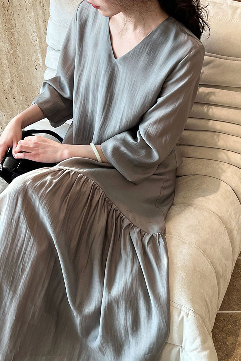 Gray Tiered V-Neck Balloon Sleeve Maxi Dress