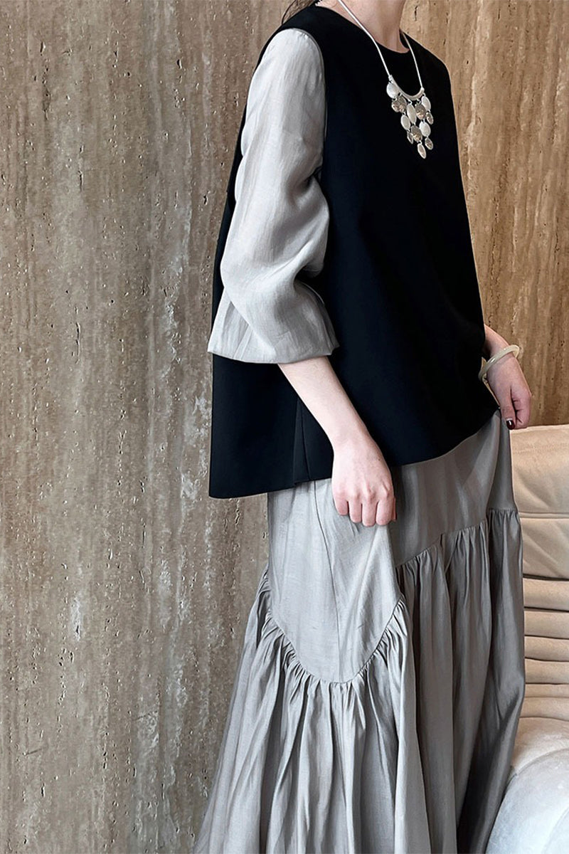 Gray Tiered V-Neck Balloon Sleeve Maxi Dress