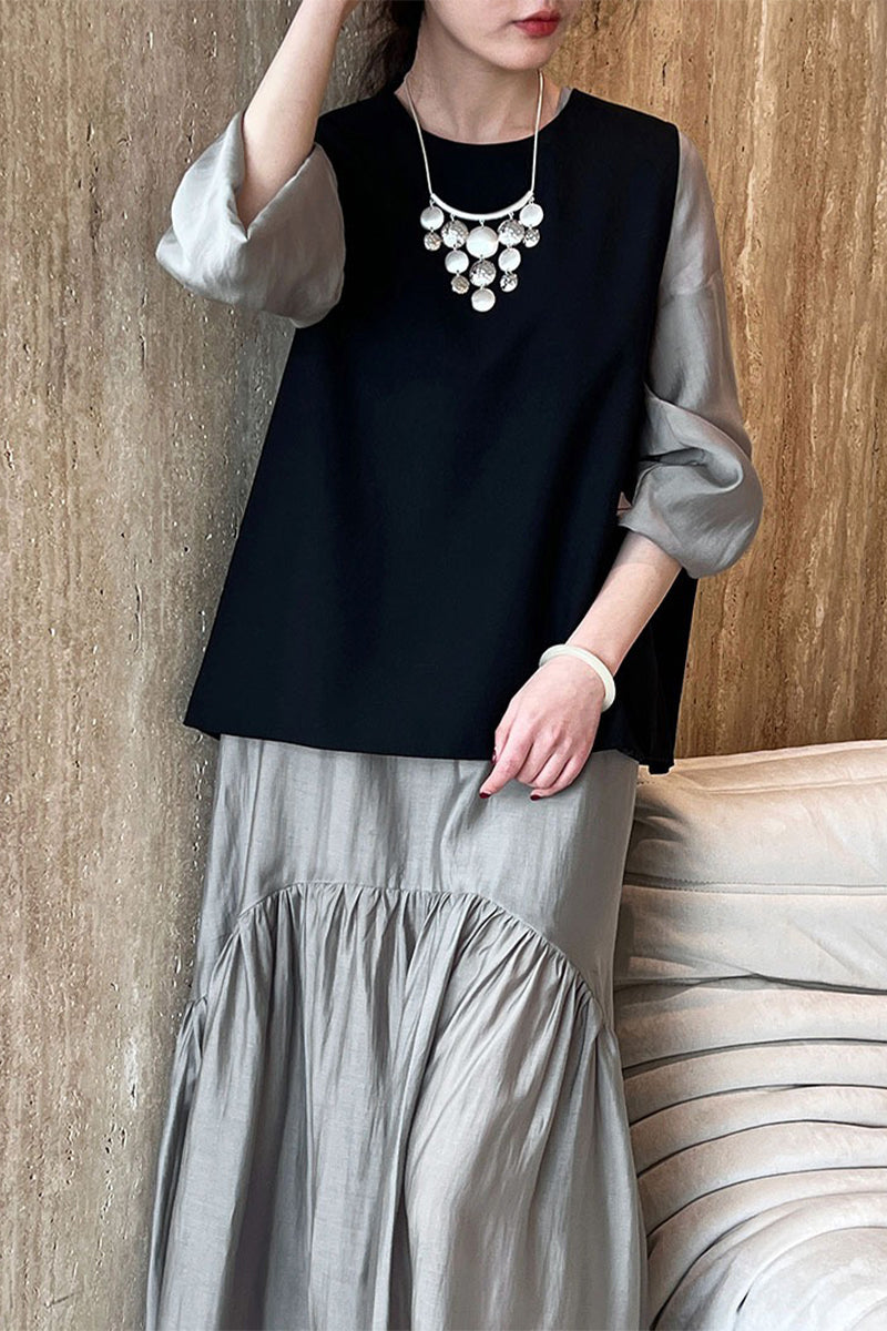 Gray Tiered V-Neck Balloon Sleeve Maxi Dress