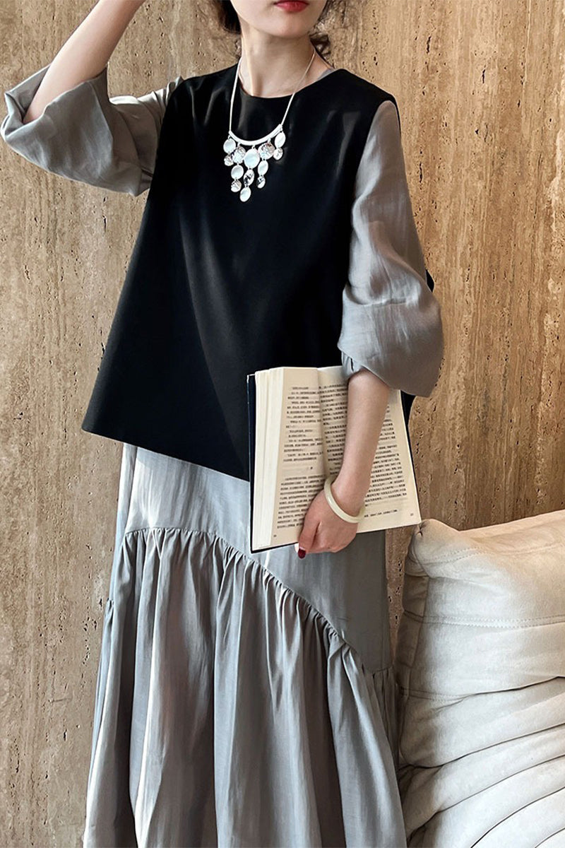 Gray Tiered V-Neck Balloon Sleeve Maxi Dress