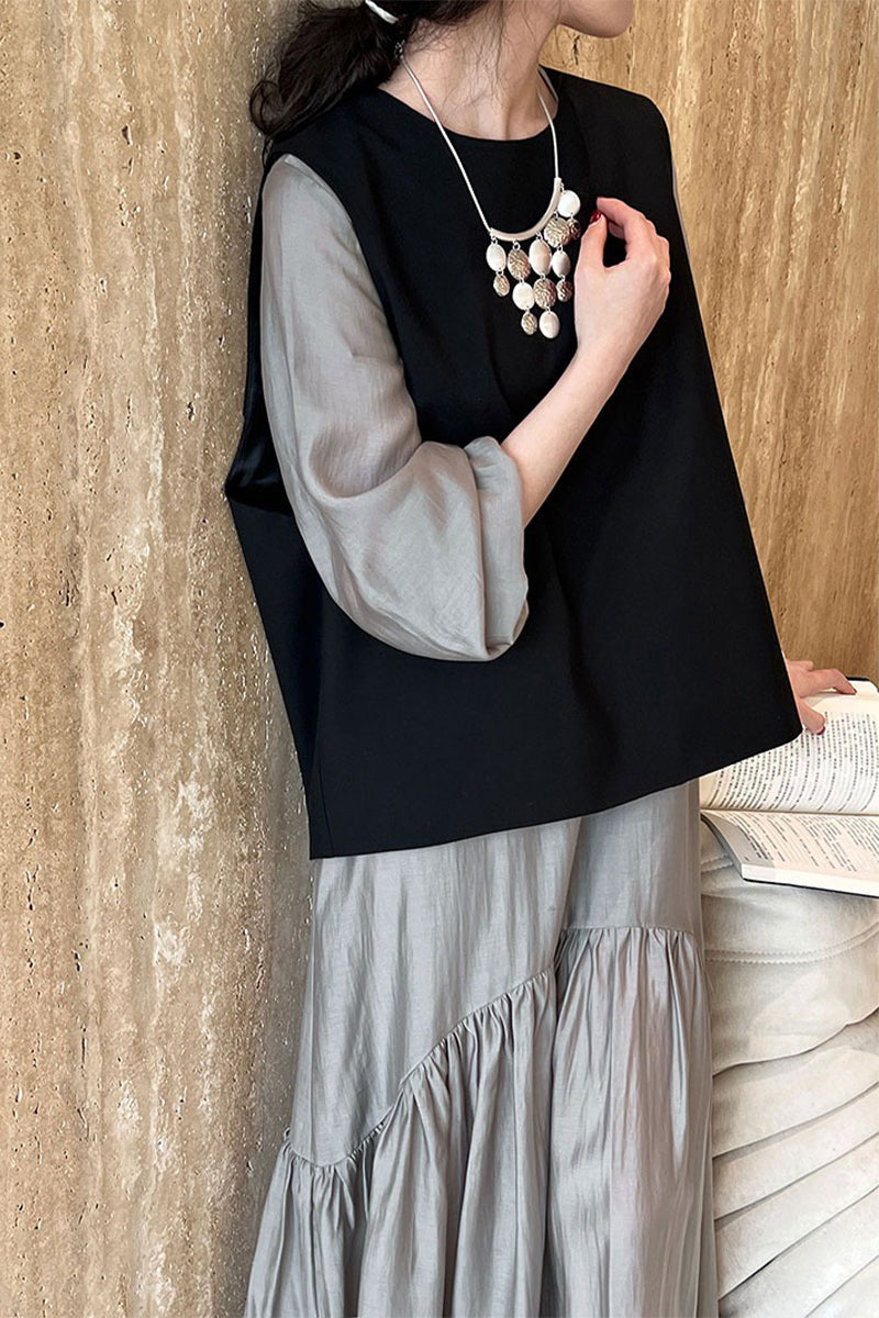 Gray Tiered V-Neck Balloon Sleeve Maxi Dress