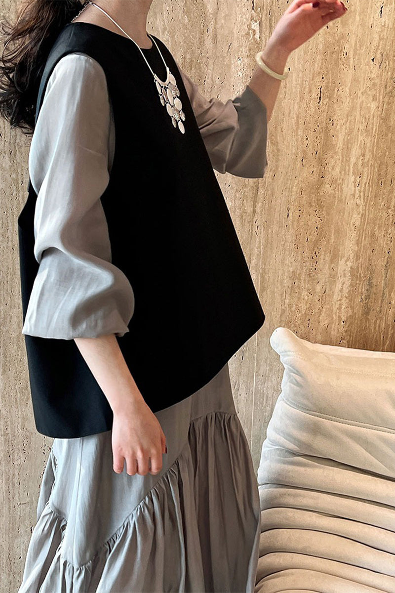 Gray Tiered V-Neck Balloon Sleeve Maxi Dress