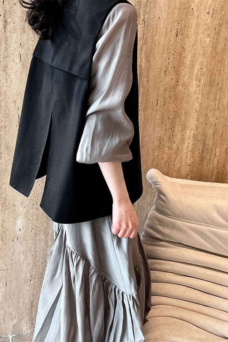 Gray Tiered V-Neck Balloon Sleeve Maxi Dress