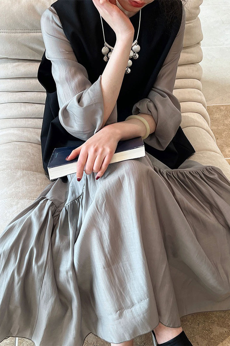 Gray Tiered V-Neck Balloon Sleeve Maxi Dress