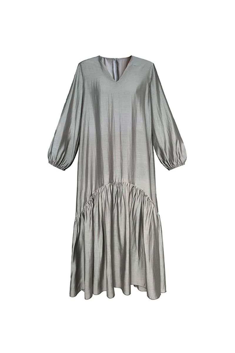 Gray Tiered V-Neck Balloon Sleeve Maxi Dress