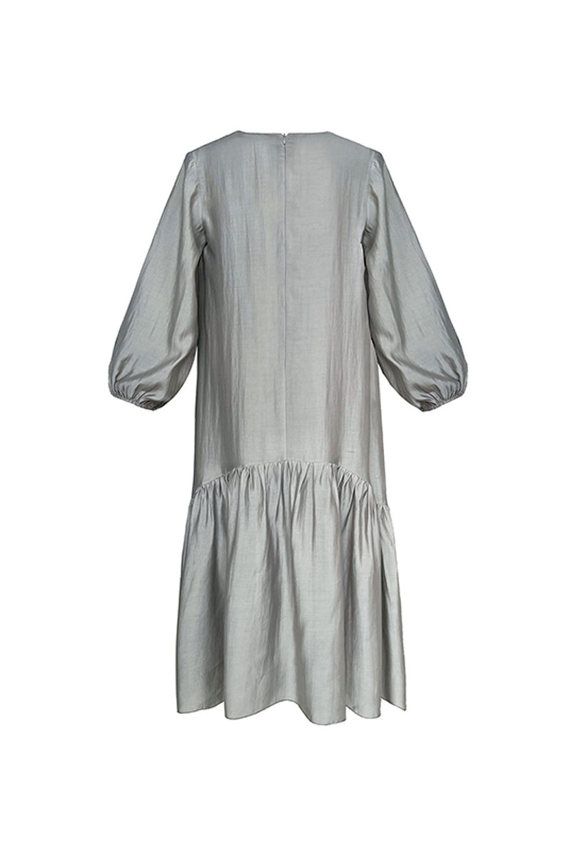 Gray Tiered V-Neck Balloon Sleeve Maxi Dress