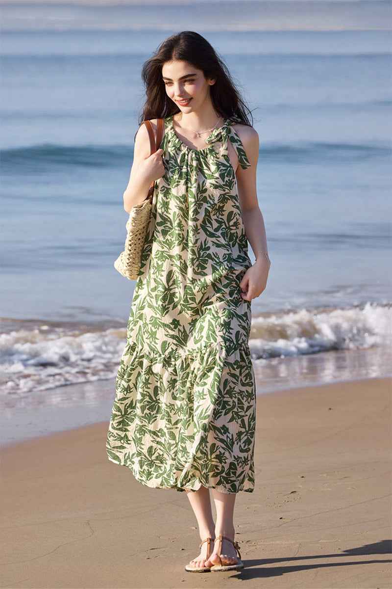 Green Floral Halter-Neck Beach Midi Dress