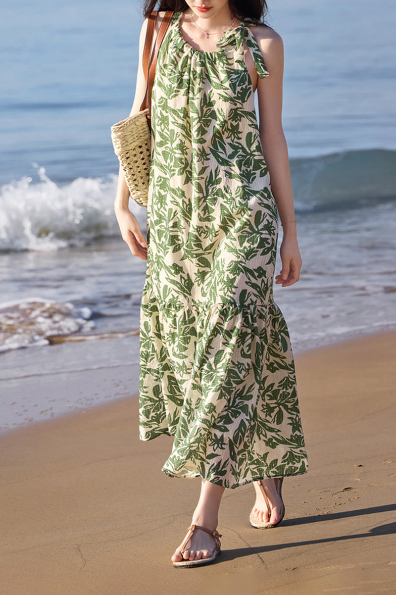 Green Floral Halter-Neck Beach Midi Dress