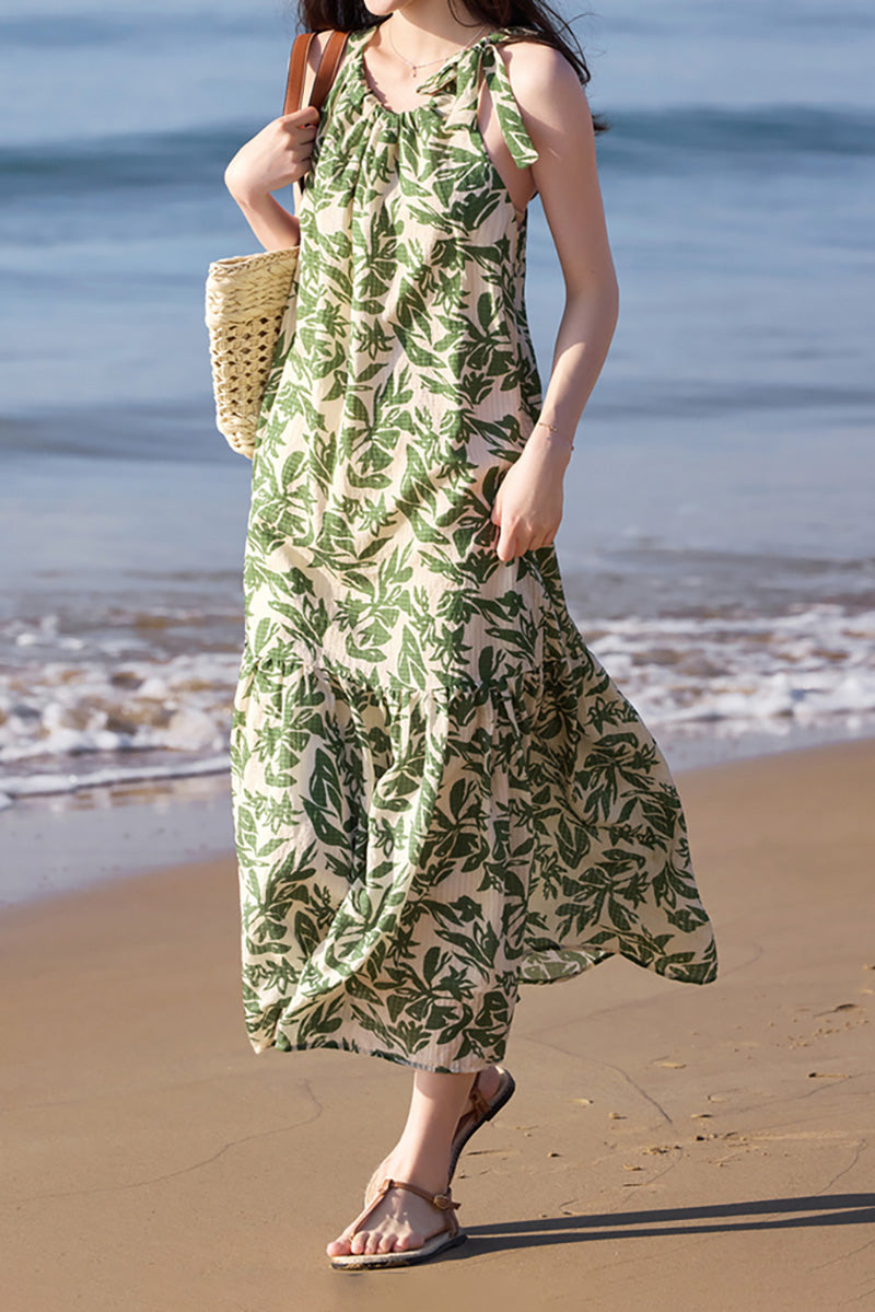 Green Floral Halter-Neck Beach Midi Dress