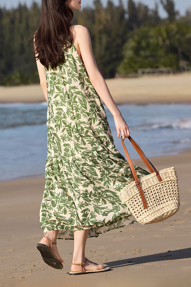 Green Floral Halter-Neck Beach Midi Dress