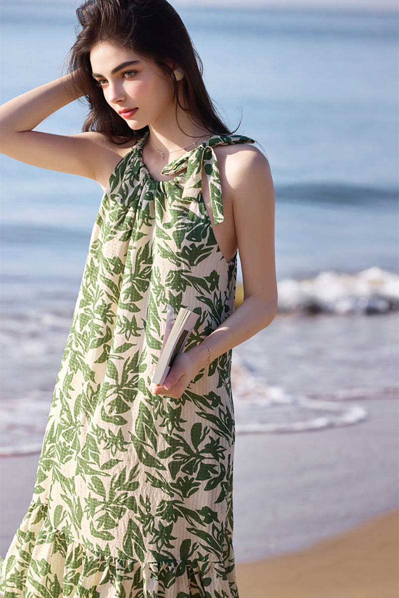 Green Floral Halter-Neck Beach Midi Dress