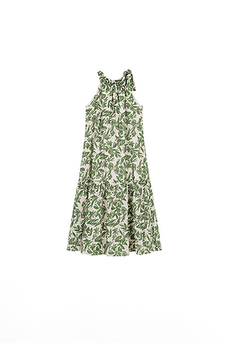 Green Floral Halter-Neck Beach Midi Dress