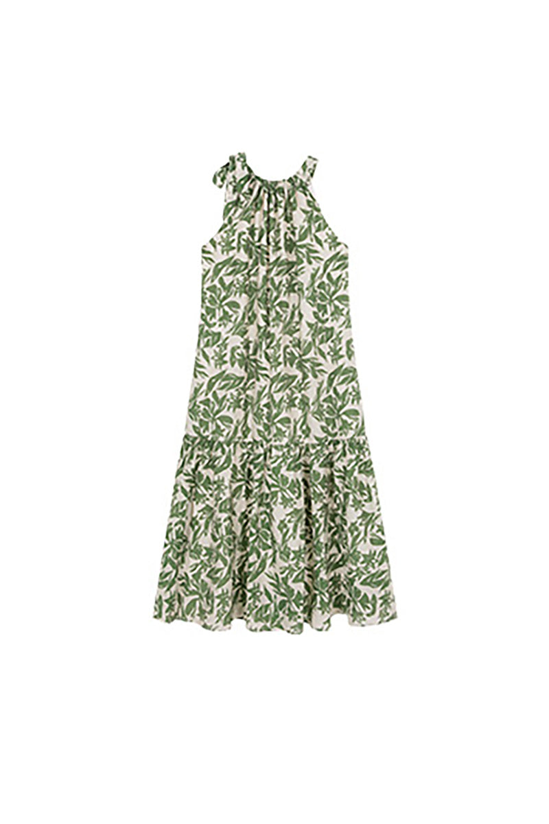 Green Floral Halter-Neck Beach Midi Dress
