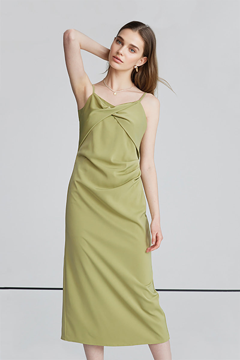 Green Spaghetti-Strap Twist-Front Midi Dress