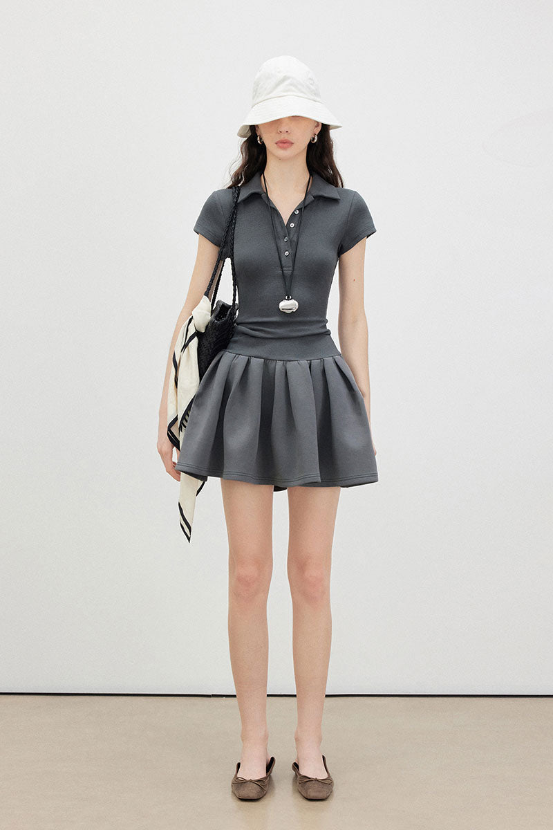 Grey Polo-Neck Short-Sleeve Mini Dress