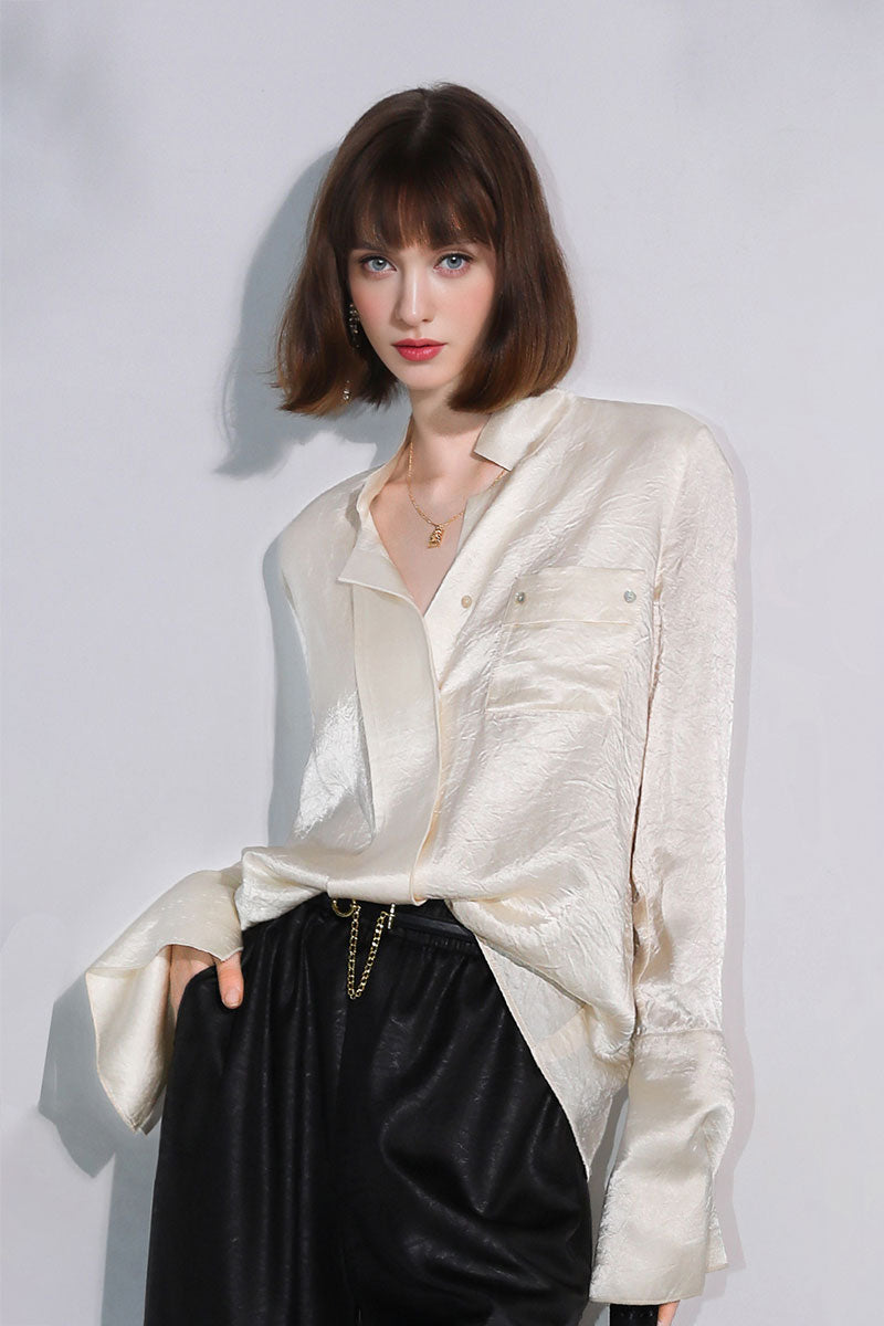 Hammered Satin Long-Sleeve Button-Down Shirt