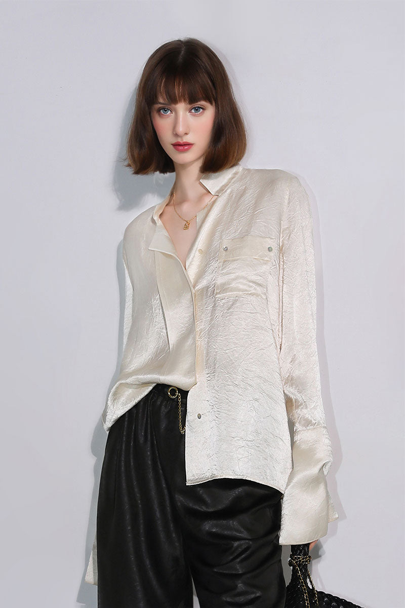 Hammered Satin Long-Sleeve Button-Down Shirt