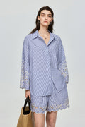 Hand-Embroidered Striped Flared-Sleeve Cotton Shirt