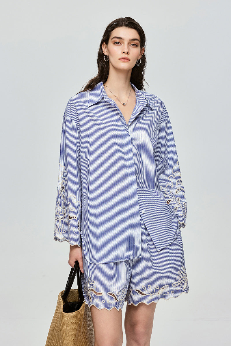 Hand-Embroidered Striped Flared-Sleeve Cotton Shirt