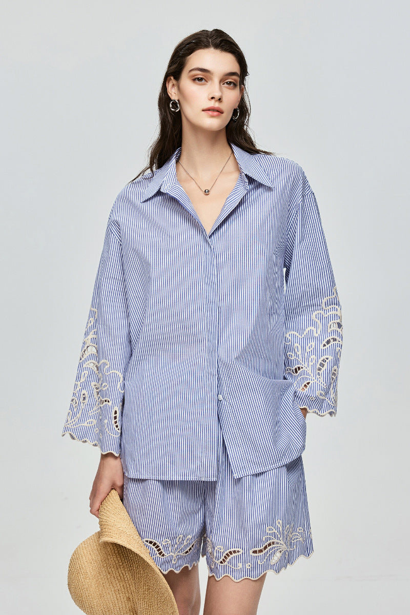 Hand-Embroidered Striped Flared-Sleeve Cotton Shirt