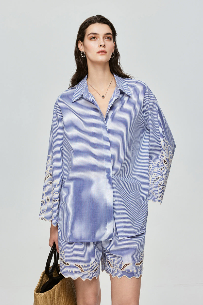 Hand-Embroidered Striped Flared-Sleeve Cotton Shirt