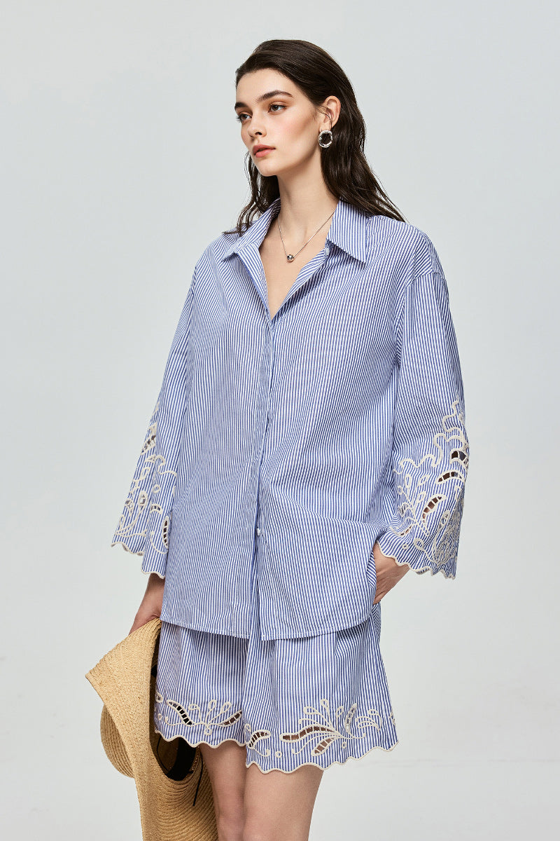 Hand-Embroidered Striped Flared-Sleeve Cotton Shirt