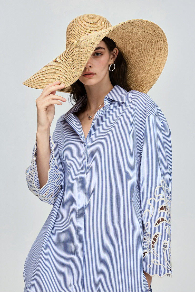 Hand-Embroidered Striped Flared-Sleeve Cotton Shirt