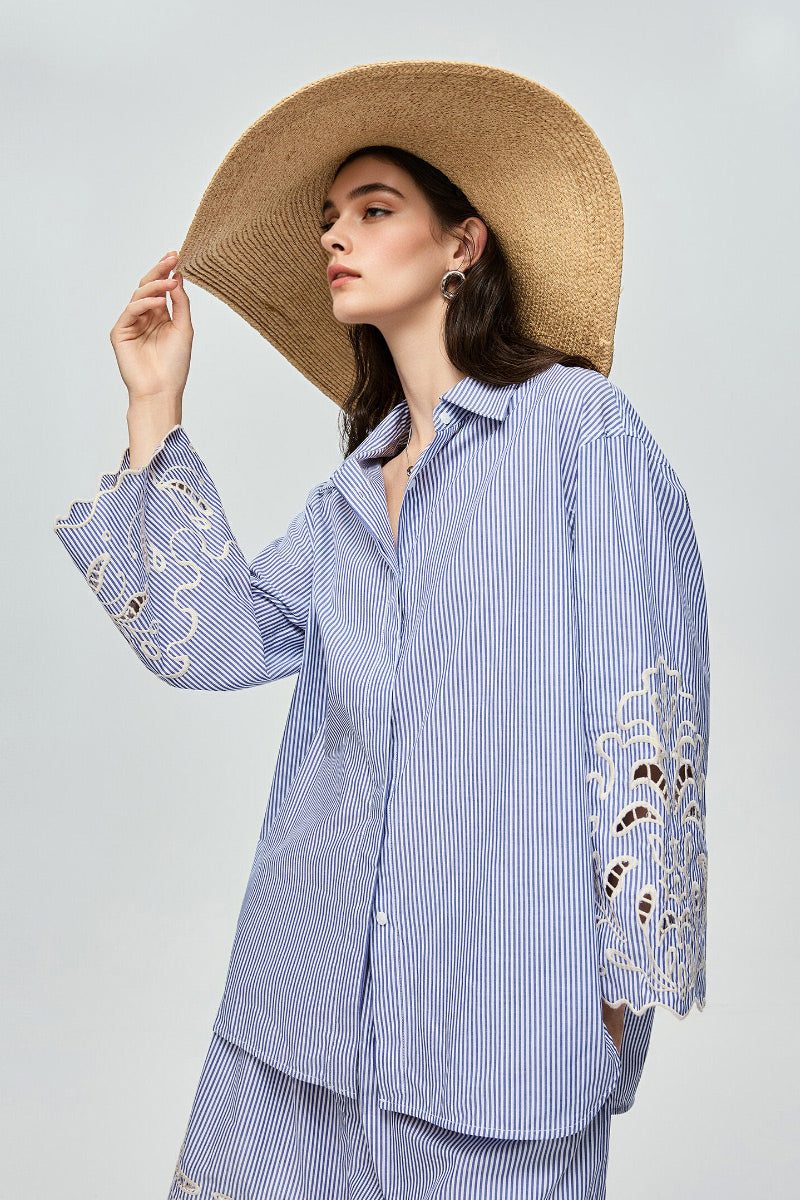 Hand-Embroidered Striped Flared-Sleeve Cotton Shirt