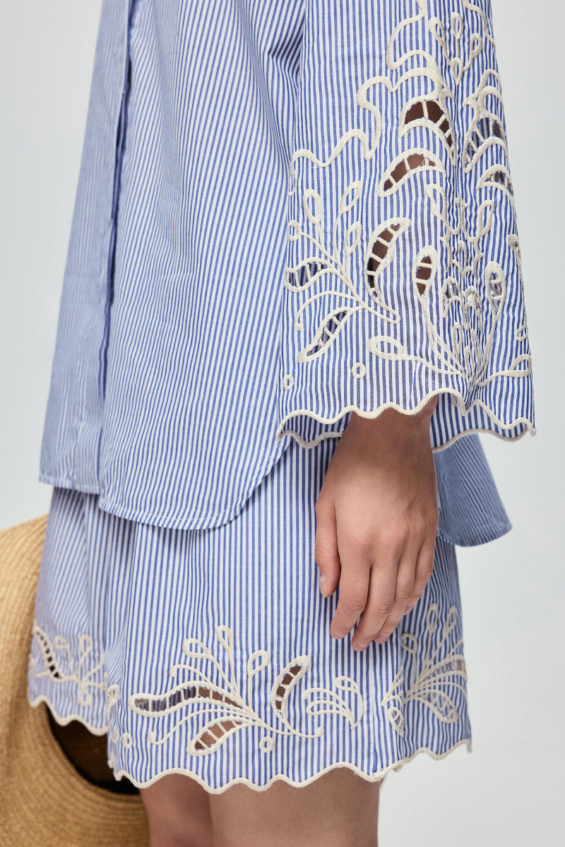 Hand-Embroidered Striped Flared-Sleeve Cotton Shirt