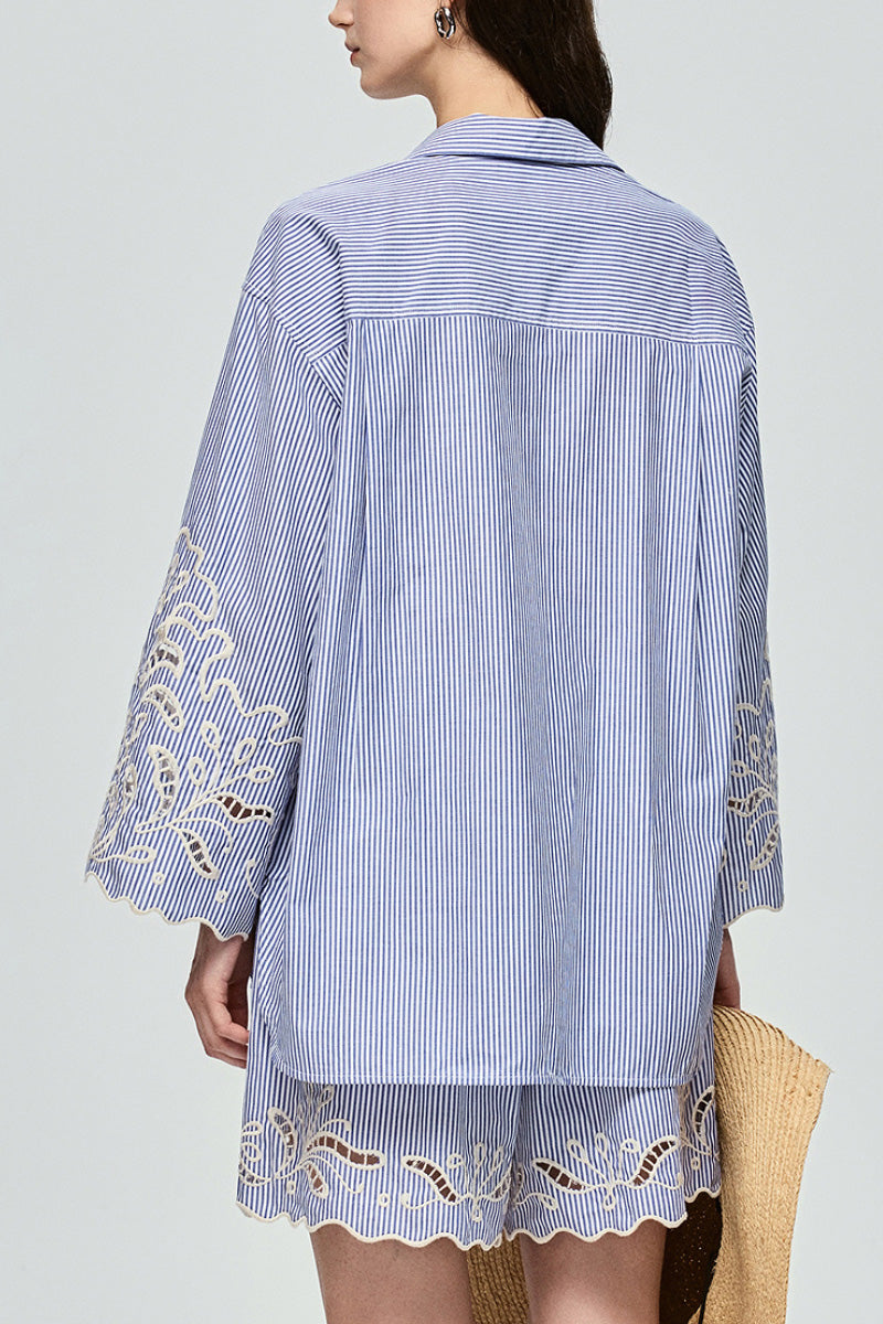 Hand-Embroidered Striped Flared-Sleeve Cotton Shirt