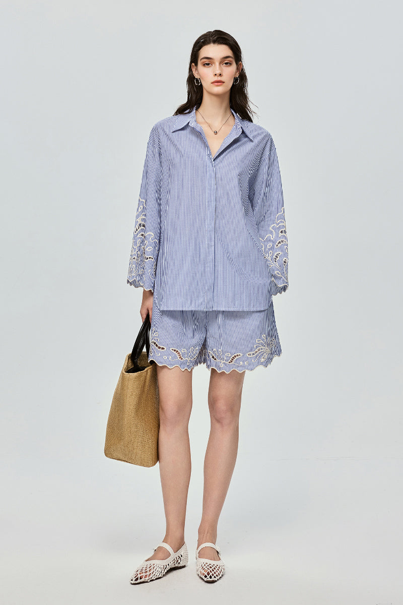 Hand-Embroidered Striped Flared-Sleeve Cotton Shirt