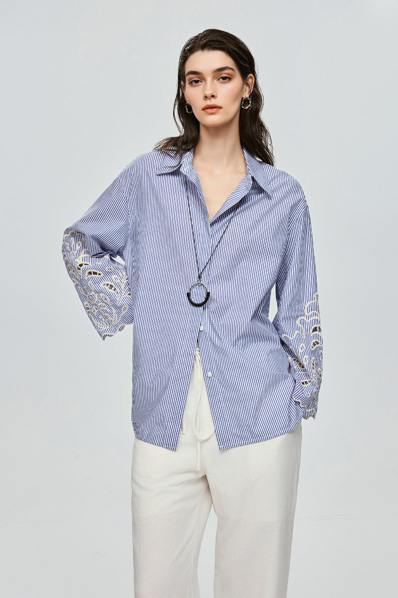 Hand-Embroidered Striped Flared-Sleeve Cotton Shirt