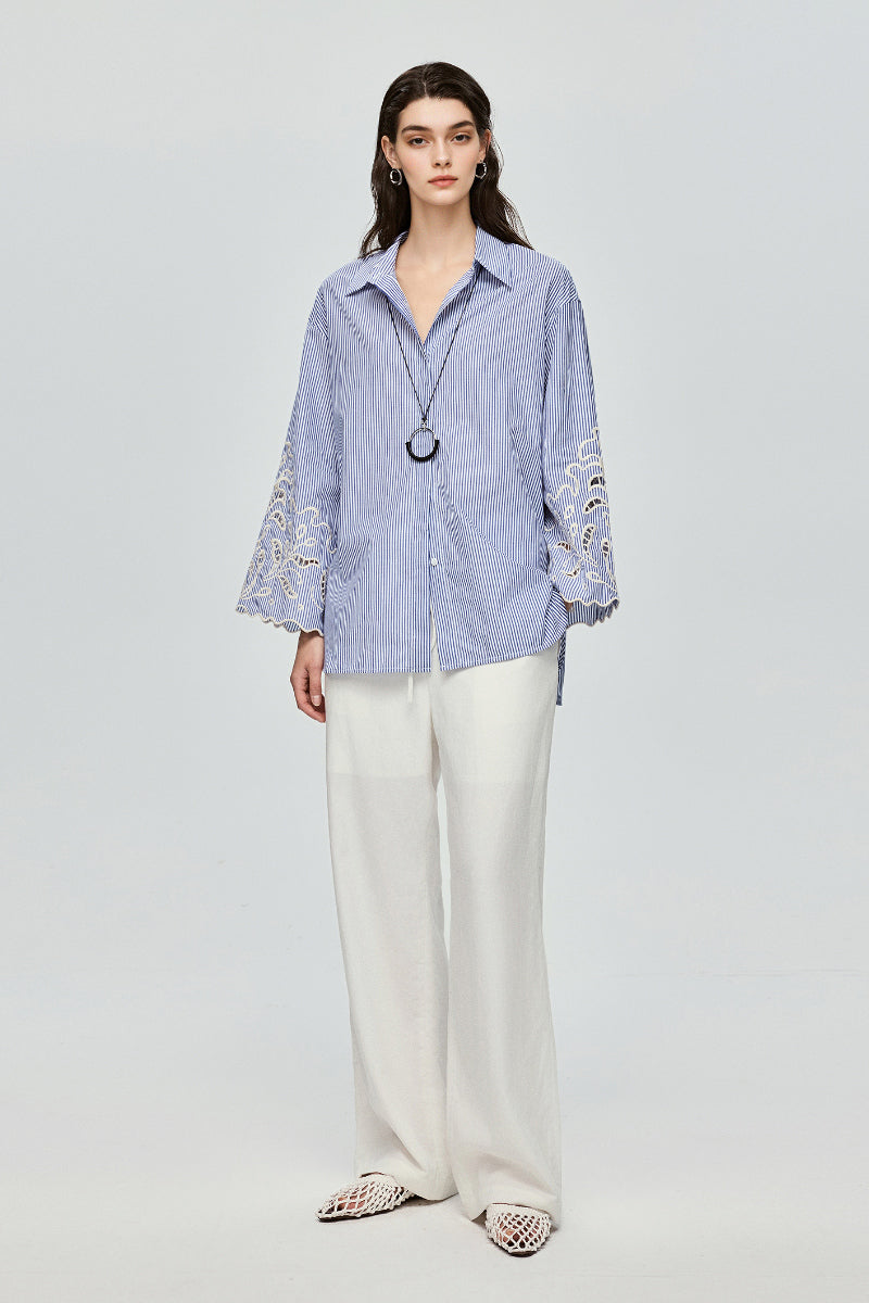 Hand-Embroidered Striped Flared-Sleeve Cotton Shirt