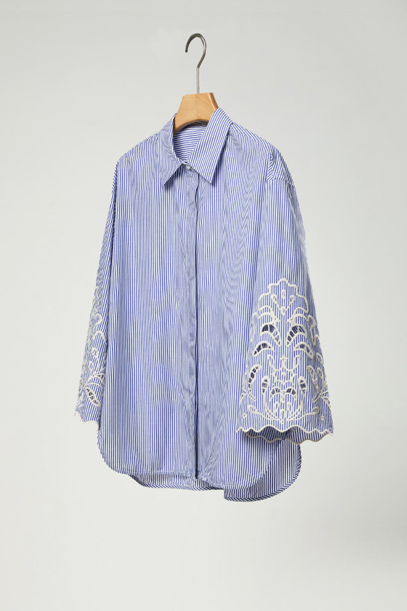 Hand-Embroidered Striped Flared-Sleeve Cotton Shirt
