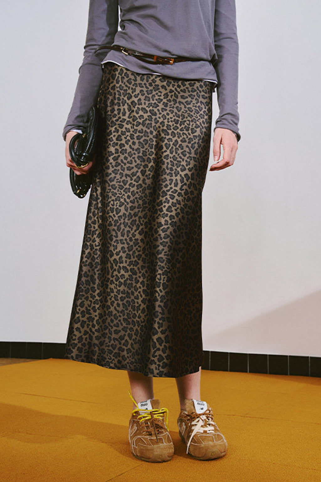 High Waist Leopard Silk Midi Skirt
