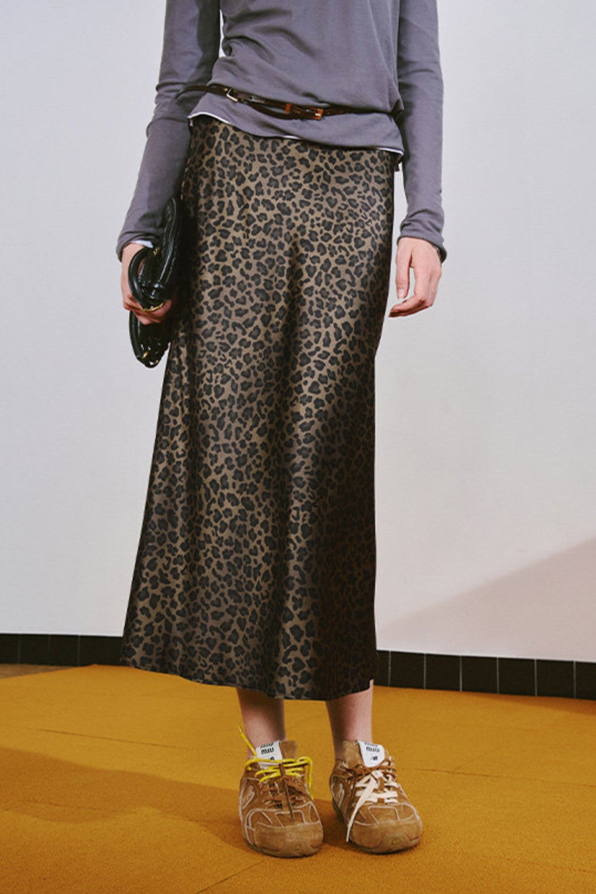 High Waist Leopard Silk Midi Skirt