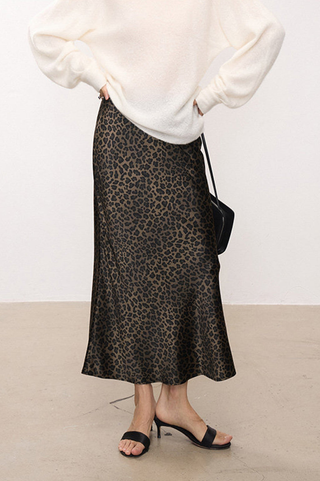 High Waist Leopard Silk Midi Skirt