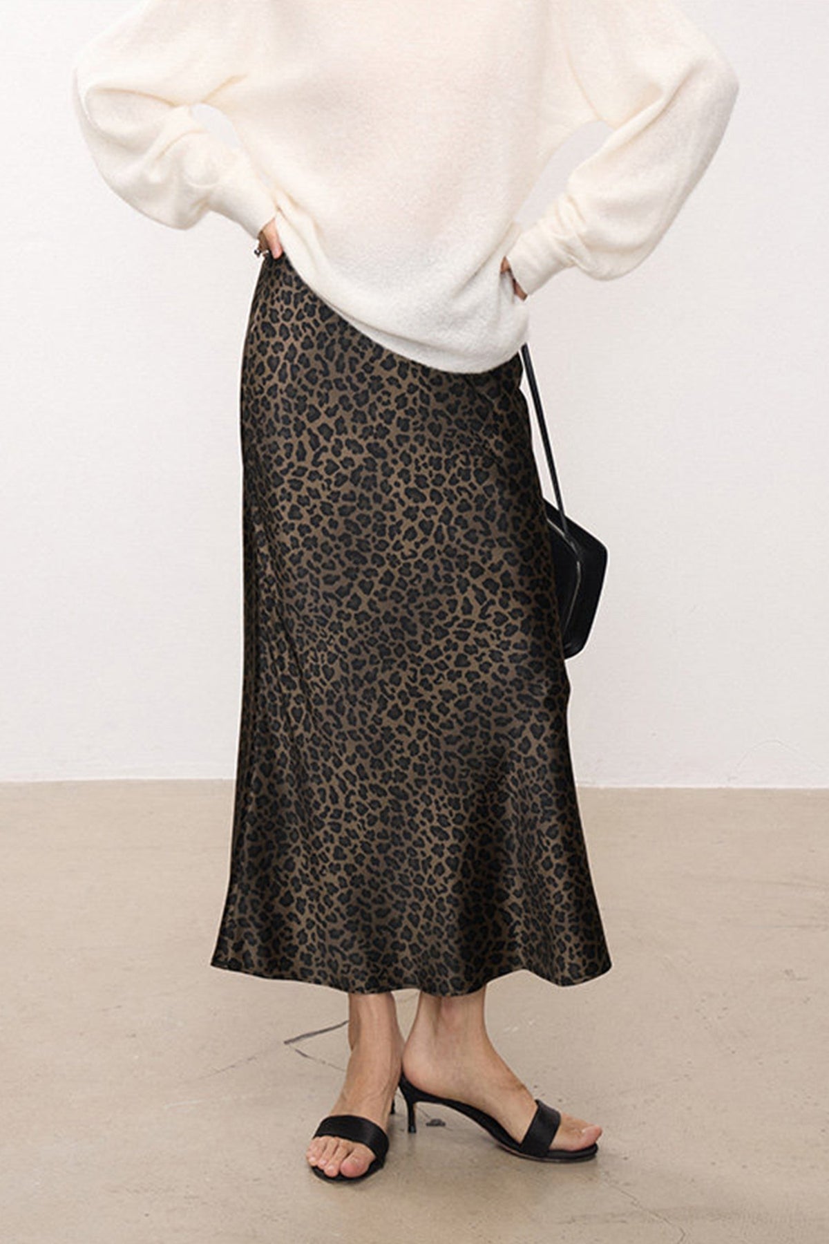 High Waist Leopard Silk Midi Skirt