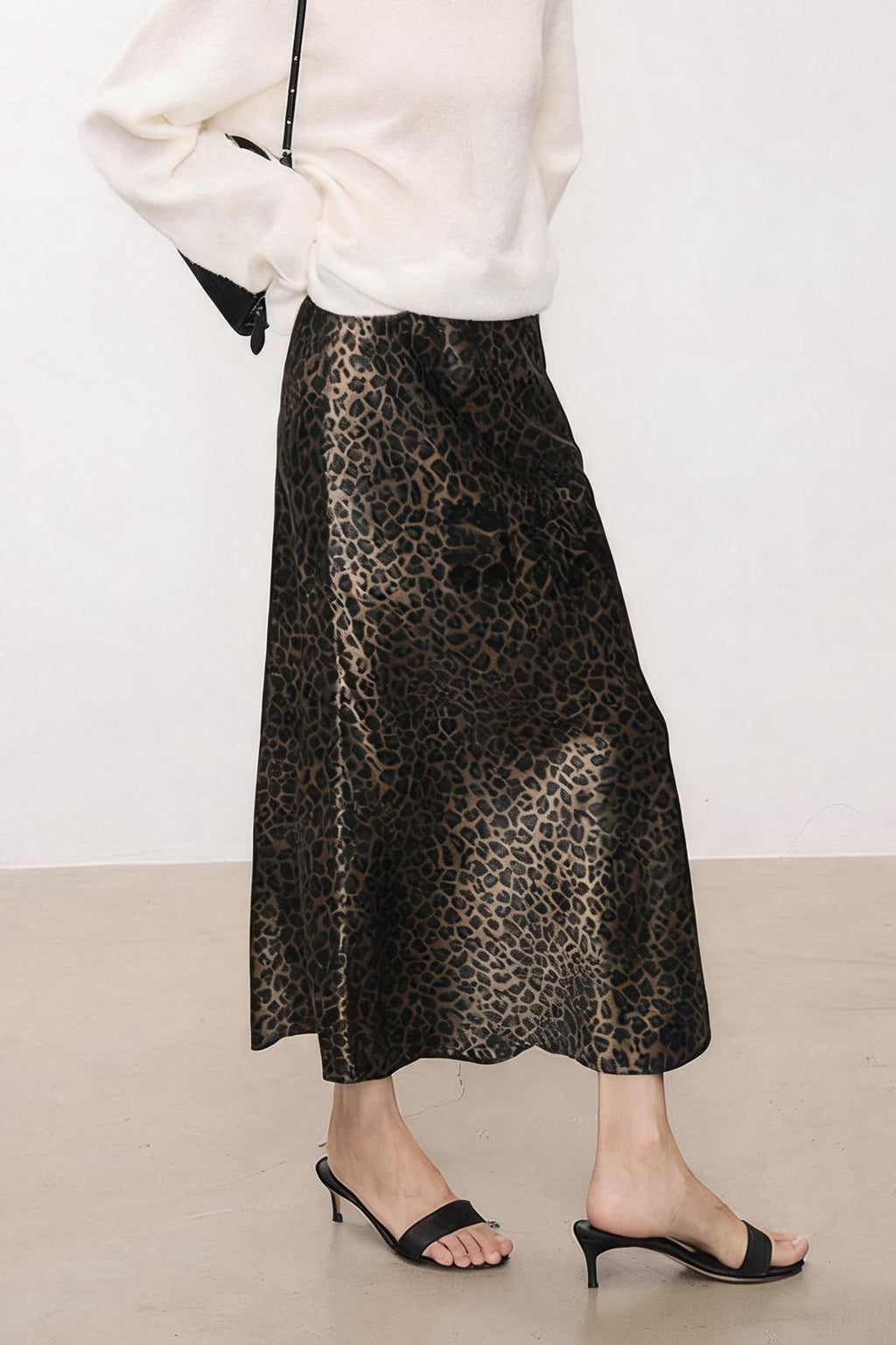 High Waist Leopard Silk Midi Skirt